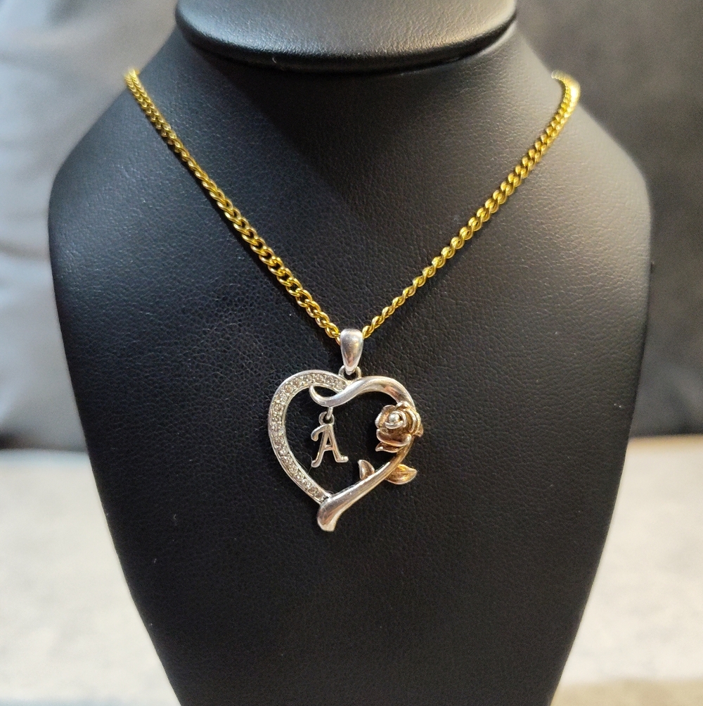 SILVER .925 HEART PENDANT WITH "A" INITIAL & GOLD ROSE ON GOLD PLATED NECKLACE